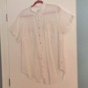 Semi Sheer White Short Sleeved Button Front Blouse. Side XXL.